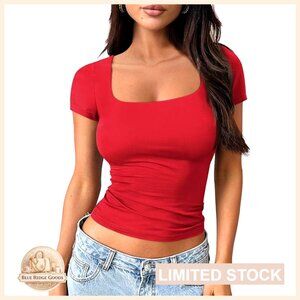 Square Neck Crop Top Double Lined Short Sleeve Tee Y2K Chic Going Out